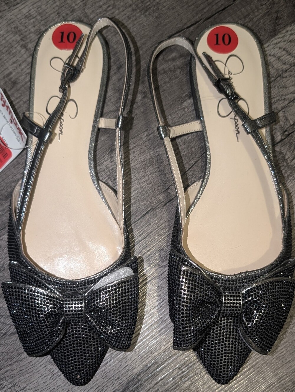 NWT Jessica Simpson Chorla Rhinestone Bow Slingback Flats Black Size 10